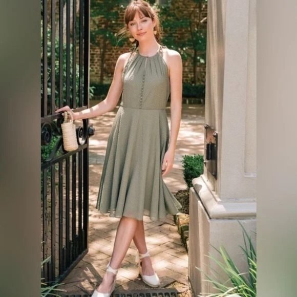 Gal Meets Glam Dresses & Skirts - Gal Meets Glam Lenore Shirred Neck A-Line Sleeveless Midi Dress Moss Green